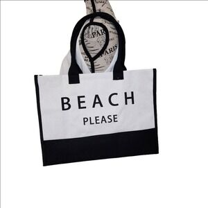 Beach Please Graphic Tote Bag Black & White Canvas Shopper Shoulder Bag